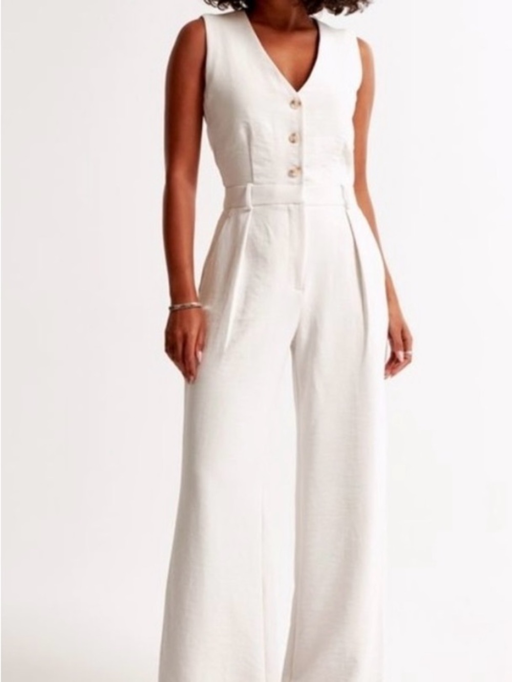 Abercrombie & Fitch Ivory V-Neck Sleeveless Wide-Leg Jumpsuit